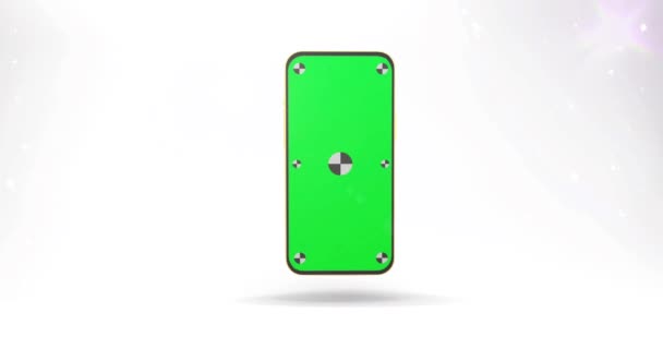 Teléfono con pantalla verde y marcas para rastrear. Animación de rotación dinámica en cámara lenta en el centro. Tecnología de teléfonos inteligentes blancos. Pantalla del teléfono celular con representación 3D de llave blanca y negra luma. 4K — Vídeos de Stock