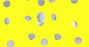 Üç boyutlu tablet. Beyaz hap modeli. Düşen uyuşturucu geçmişi var. Tableti döndür. 3D görüntüleme. İlaç ve sağlık hizmetleri ilanı. Tıbbı yakın çekim. Sarı krom renkli 4k video görüntüsü