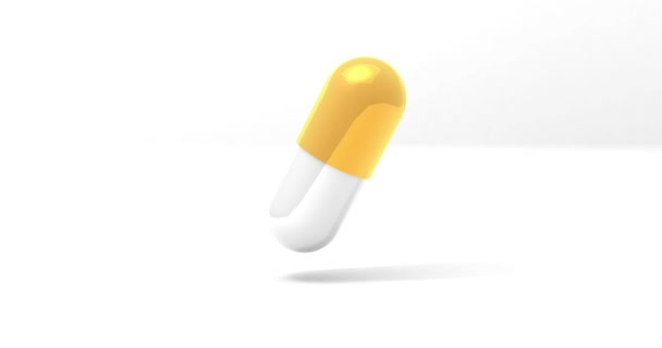 3d tablet. White and yellow or golden pill model. Background with falling drugs. Rotating tablet. 3d rendering. Advertisement for medicines and health care. Medicine close-up. 4k video footage with — Stock Video