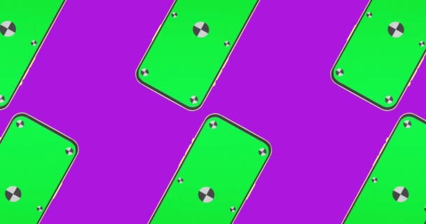 Telefon mit grünem Bildschirm und Markierungen für die Verfolgung auf violettem Hintergrund sehr peripher. Diagonale Animation Bewegungsdesign. Weiße Smartphone-Technologie.Handy-Display mit Schlüsselfarbe, auf Chroma-Taste. 3D — Stockvideo