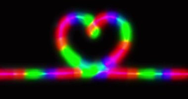 Kalp çizgisi animasyonu. Gökkuşağı neon kalp şeklinde ışıklar. Çizgi sanatı aşk sembolü. Sevgililer Günü soyut renkli. Siyah arkaplanda Retro neon aşk işareti