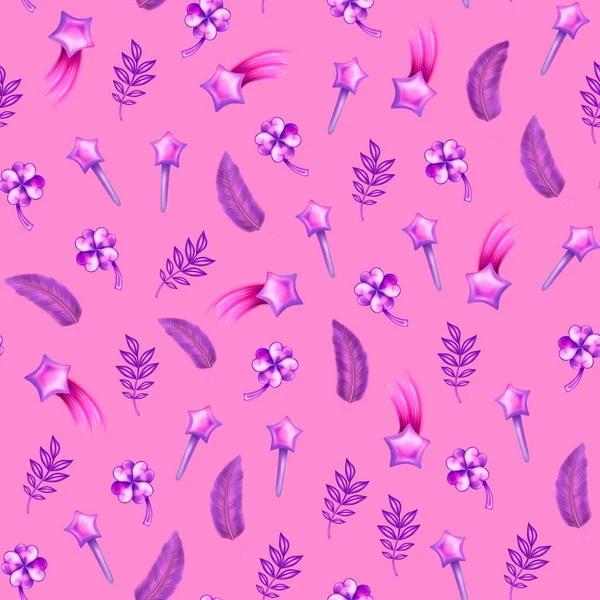 Олівець ботанічний і магічний безшовний візерунок у фіолетовому кольорі ізольований на рожевому. Чотирилистовий конюшина, гілка, пір'я, чарівна паличка, зірка та комети. Магічні елементи рук. Ручні намальовані прикраси, скрапбукінг — стокове фото