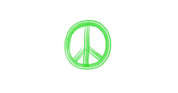 Farklı fırça ve kalem tekniklerine elle çizilmiş bir sembol. Barış sembolü. Barış için fırçanın animasyonu. Beyaz arka plandaki siyah çizgi dünya barışı, izole çizimler. Boş — Stok video