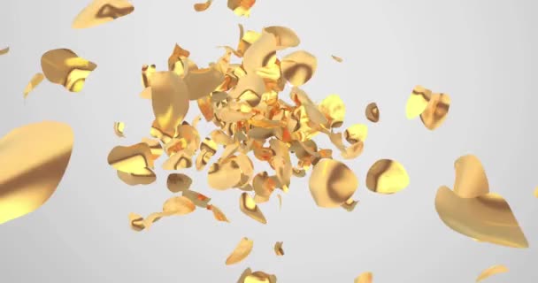 Gyllene rosenblad explosion. Blomma flyger ut från mitten. Slow motion Petal explosion animation med alfa mask. 3D gör realistisk animering av många kronblad explosion konfetti. — Stockvideo