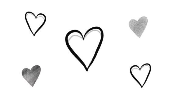 Animación del corazón dibujada a mano del caos. Animación azulejo con corazones. Conjunto de animación de Auto dibujo para el Día de San Valentín. Símbolo de amor. Dinámica animación en blanco y negro — Vídeos de Stock