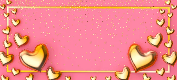 Alla hjärtans dag platt låg guld ballong 3d illustration med band. Glad Alla hjärtans dag banner och presentkort mall — Stockfoto