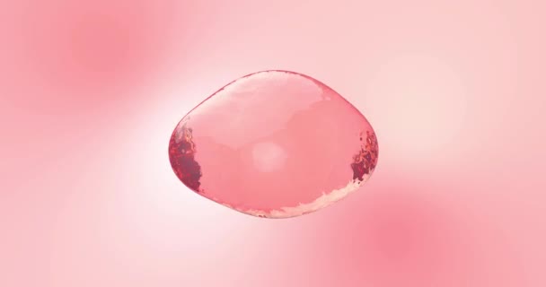 Animação da fusão de soro e vitaminas a partir de cinco componentes ativos. Uma esfera rosa brilhante de óleo, creme, tônico, soro ou cosméticos para cuidados de rosto ou corporal.Close-up de um elemento líquido transparente — Vídeo de Stock