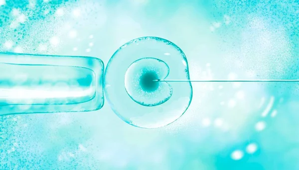 3d ilustración de la fertilización in vitro bajo un microscopio. Huevo, aguja médica, probeta, pipeta. Hermosa pancarta médica en tonos azules con un fondo borroso con reflejos y textura — Foto de Stock