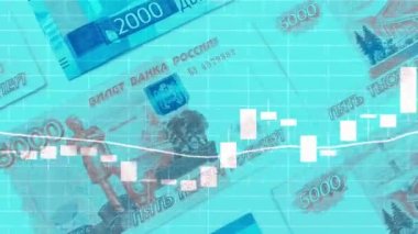 Beş bininci ve iki bin dolarlık Rusya Federasyonu parası yakın plan para, kamera hareketi. Fütüristik finans borsası grafikli 4K Rus Banknotu.Üst Görünüm Çeşitli RusyaName