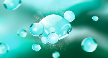 Yüz suyu reklamları şablonu, mavi kabarcıklar 3D resim. Serum köpüğünde şeffaf su yağı. Parlak madde mavi deniz özü damlası. Güzellik tedavisi. Beslenme. Cilt bakımı.