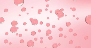 Açık pembe arka planda yükselen çeşitli serum kabarcıklarının makro çekimi. Yüzen baloncukların süper yavaş çekimi. Parlak ve köfte hareket eden solgun tedavi damlaları veya insan sağlığı için vitaminler
