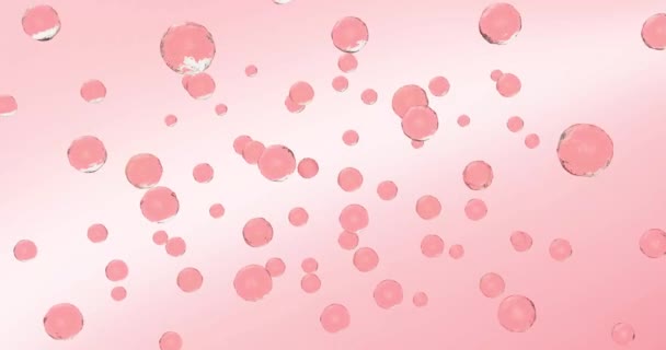 Muitos fundo rosa blobs com grande queda principal no centro. Animação da fusão de soro rosa gota de diferentes ingredientes. Close-up de um elemento líquido transparente.Anúncios de tratamento de rosto ou pele — Vídeo de Stock