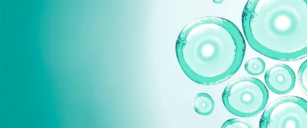 Banner de burbujas abstractas azul cielo con espacio de copia izquierda.Ilustración 3d agua micelar. Reprodoctología, platos de petrium, moléculas de oxígeno.Investigación de laboratorio y científica.Líquido transparente, huevos humanos — Foto de Stock