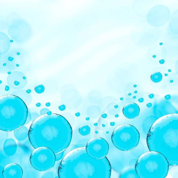 Négyzet transzparens kozmetikai arc- vagy bőrkezelés hirdetési sablon, kék csillogó buborékok 3d illusztráció.Átlátszó anyag olaj szérum buborék.Ragyogó anyag világoskék esszencia cseppek — Stock Fotó