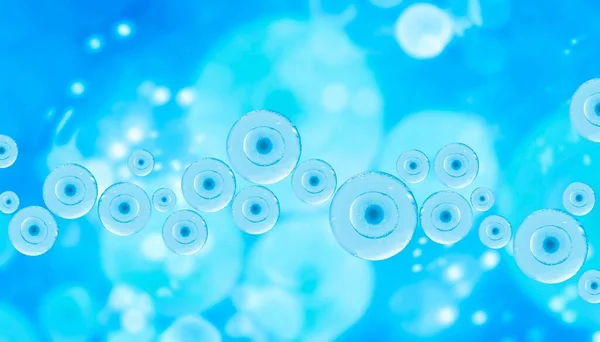 Absztrakt orvosi háttér gömbökkel vagy tojássejtekkel.3d renderelő kék háttér. Kerek idősíkok. Körök. Mikrobiológia, kozmetológia — Stock Fotó