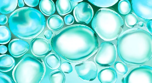 Gotas de perlas de agua para el tratamiento facial. Un hermoso producto cosmético.3d representación de gotas de aceite y agua, brillos, purpurina. Diseño cosmético de ecología de color azul y verde en colores azules.3d — Foto de Stock