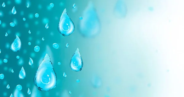 Prostokątny baner z 3d Ilustracja kropla czystej wody pitnej na prawo z miejsca kopiowania .Ad baner do filtrów, odmładzania i leczenia. Krystalicznie czyste i jego elementy. Wysokiej jakości 3d — Zdjęcie stockowe