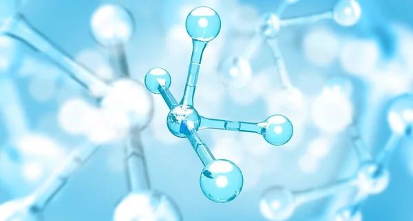 Modelo de átomo azul fondo abstracto.3d Ilustración de moléculas. Estructuras azules.Burbujas transparentes azul claro Colágeno circular. — Foto de Stock