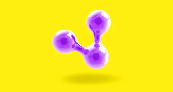黄色背景下的有趋势的紫色原子模型 化学H2O结构 明亮的气泡 胶原蛋白循环 高质量的照片 — 图库照片
