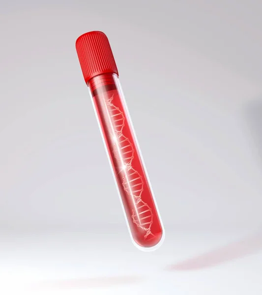 A red test tube with a dna spiral.Stem cell storage bank.3d illustration of dna.Blood test.DNA research.Isolated on white background . High quality 3d illustration