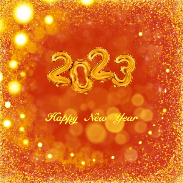 2023 3D写实主义金色 Foil Balloons上的Confetti金色和浅红色背景 献上快乐圣诞和2023年新年祝福横幅 是的高质量3D插图 — 图库照片