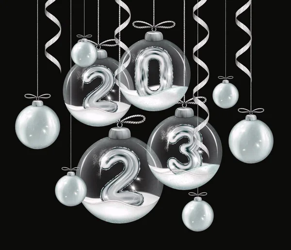 2023 3D现实主义银器 黑色背景的Foil Balloons 圣诞球 献上圣诞佳节和2023年新年快乐贺卡横幅 — 图库照片