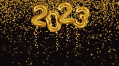 2023 d Gerçekçi Altın Folyo Balonları lüks siyah arka planda altın konfetileriyle uçuyor ve yüzüyor. 3D sunar Mutlu Noeller ve mutlu yıllar 2023 tebrik kartı afişi. 