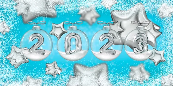 New year digital art banner with star ballon and balloon Numbers 2023 in Christmas ball. 3d rendering silver Christmas elements. Snow postcard.Merry Christmas and Happy New Year. Realistic Foil