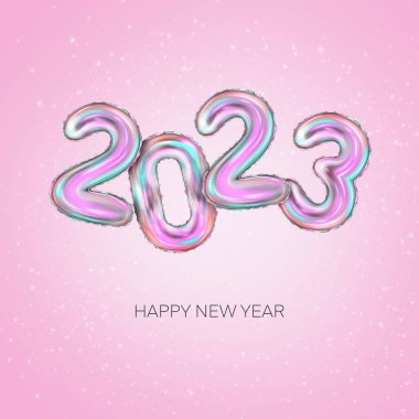 2023 3d Gerçekçi Sanal Folyo Balonları. 3D sunan Mutlu Noeller ve mutlu yıllar 2023 tebrik kartı. Parlak Pembe Arkaplanda Altın Rakamlar. Yüksek kalite 3d illüstrasyon