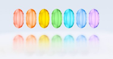 3D renkli jelatin kapsüller. Kolajen, balık yağı ya da diğer lüks maddelerle dolu kapsüller. Uzun bir yaşam ya da tedavi için besin seçimi kavramı 