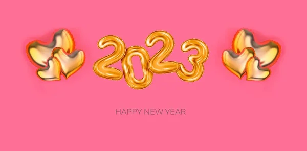 2023 3D现实全息图Foil金色气球粉色背景与心脏气球 献上快乐圣诞和2023年新年祝福横幅 金色数字图解 — 图库照片
