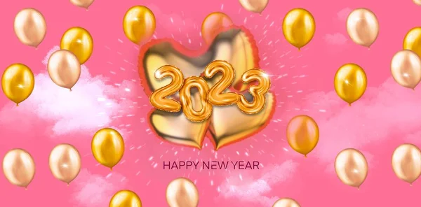 2023 3D现实全息Foil Balloons Clouds 献上快乐圣诞和2023年新年祝福横幅 闪烁着星空粉色背景的金色数字与Dof和运动 — 图库照片