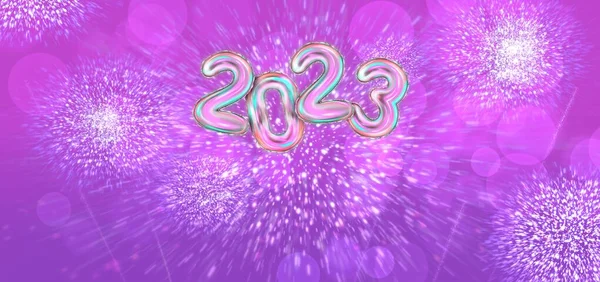2023 3D写实主义全息图 烟花上的Foil气球 背景明亮 色调非常柔和 献上圣诞佳节和2023年新年快乐横幅 — 图库照片