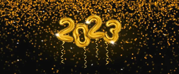2023 3D写实主义金色 Foil Balloons Confetti金色背景 豪华黑色背景 献上圣诞佳节和2023年新年快乐贺卡横幅 — 图库照片