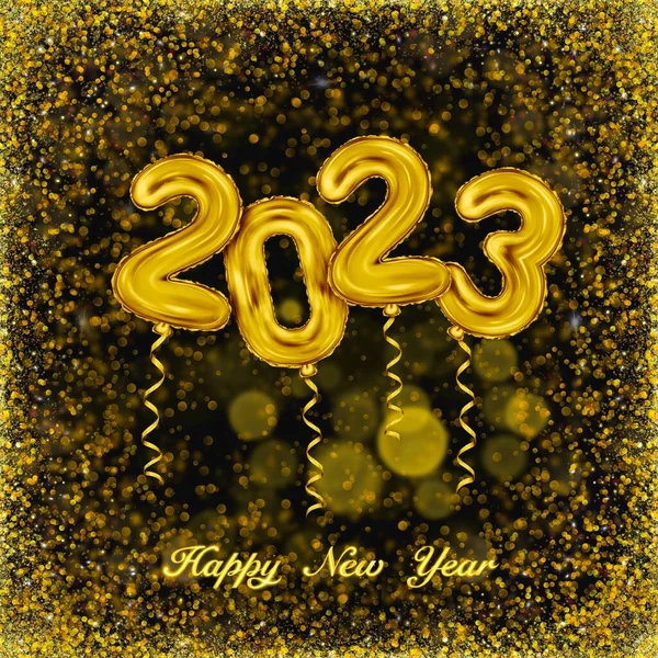 2023 Realistic Golden Foil Balloons Confetti Gold Luxury Black Background — Stock Photo, Image