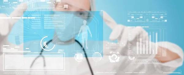 Врач Медик Трогает Электронную Медицинскую Проекцию Виртуальном Экране Показывая Человеческую — стоковое фото