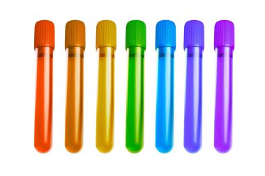 Gökkuşağı renginde test tüpü ve bir stantta kan cihazları. Tıbbi test tüplerinin üç boyutlu çizimi. Tıbbi testler ve laboratuvar araştırmaları kavramı.