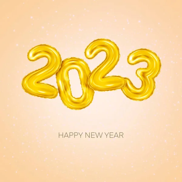 2023 3D现实的金花气球 三维渲染圣诞快乐和新年快乐2023贺卡 闪烁着黄色背景的金色数字 高质量3D插图 — 图库照片