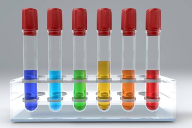 Gökkuşağı renginde test tüpü ve bir stantta kan cihazları. Tıbbi test tüplerinin üç boyutlu çizimi. Tıbbi testler ve laboratuvar araştırmaları kavramı.