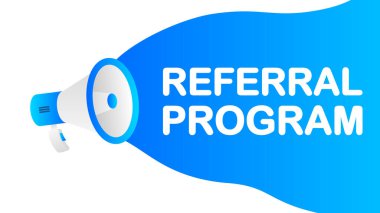 Referans program pankartı şablonu. Megafonlu bir pazarlama broşürü. Perakende tanıtım ve duyuru şablonu. Vektör illüstrasyonu