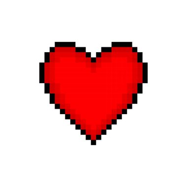 Piksel 8 bit kırmızı kalp ikonu. Beyaz arka planda tek bir nesne var. Duygu işareti. Vektör illüstrasyonu