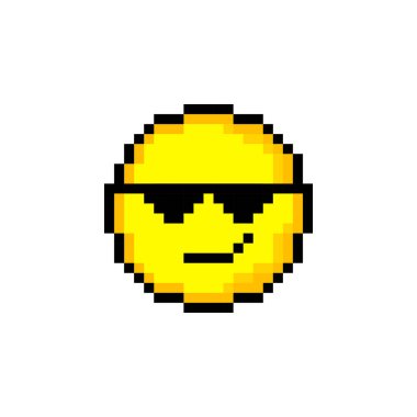 Piksel 8 bit sarı daire ve gülücük. Beyaz arka planda tek bir nesne var. Duygu işareti. Vektör illüstrasyonu