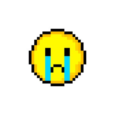 Piksel 8 bit sarı daire ve gülücük. Beyaz arka planda tek bir nesne var. Duygu işareti. Vektör illüstrasyonu