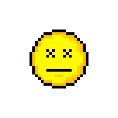 Piksel 8 bit sarı daire ve gülücük. Beyaz arka planda tek bir nesne var. Duygu işareti. Vektör illüstrasyonu