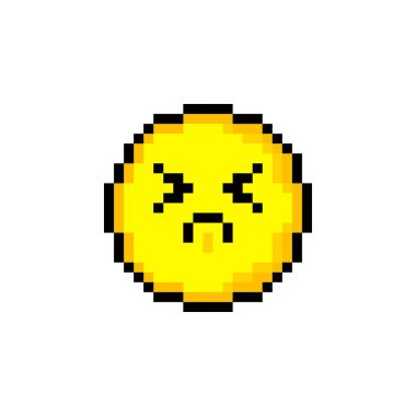 Piksel 8 bit sarı daire ve gülücük. Beyaz arka planda tek bir nesne var. Duygu işareti. Vektör illüstrasyonu