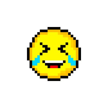 Piksel 8 bit sarı daire ve gülücük. Beyaz arka planda tek bir nesne var. Duygu işareti. Vektör illüstrasyonu