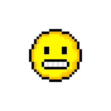 Piksel 8 bit sarı daire ve gülücük. Beyaz arka planda tek bir nesne var. Duygu işareti. Vektör illüstrasyonu