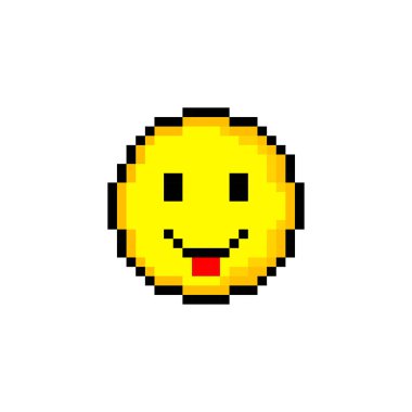 Piksel 8 bit sarı daire ve gülücük. Beyaz arka planda tek bir nesne var. Duygu işareti. Vektör illüstrasyonu