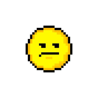 Piksel 8 bit sarı daire ve gülücük. Beyaz arka planda tek bir nesne var. Duygu işareti. Vektör illüstrasyonu