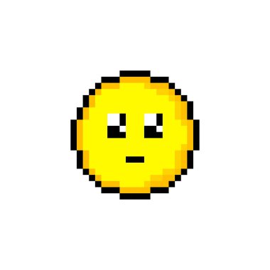 Piksel 8 bit sarı daire ve gülücük. Beyaz arka planda tek bir nesne var. Duygu işareti. Vektör illüstrasyonu